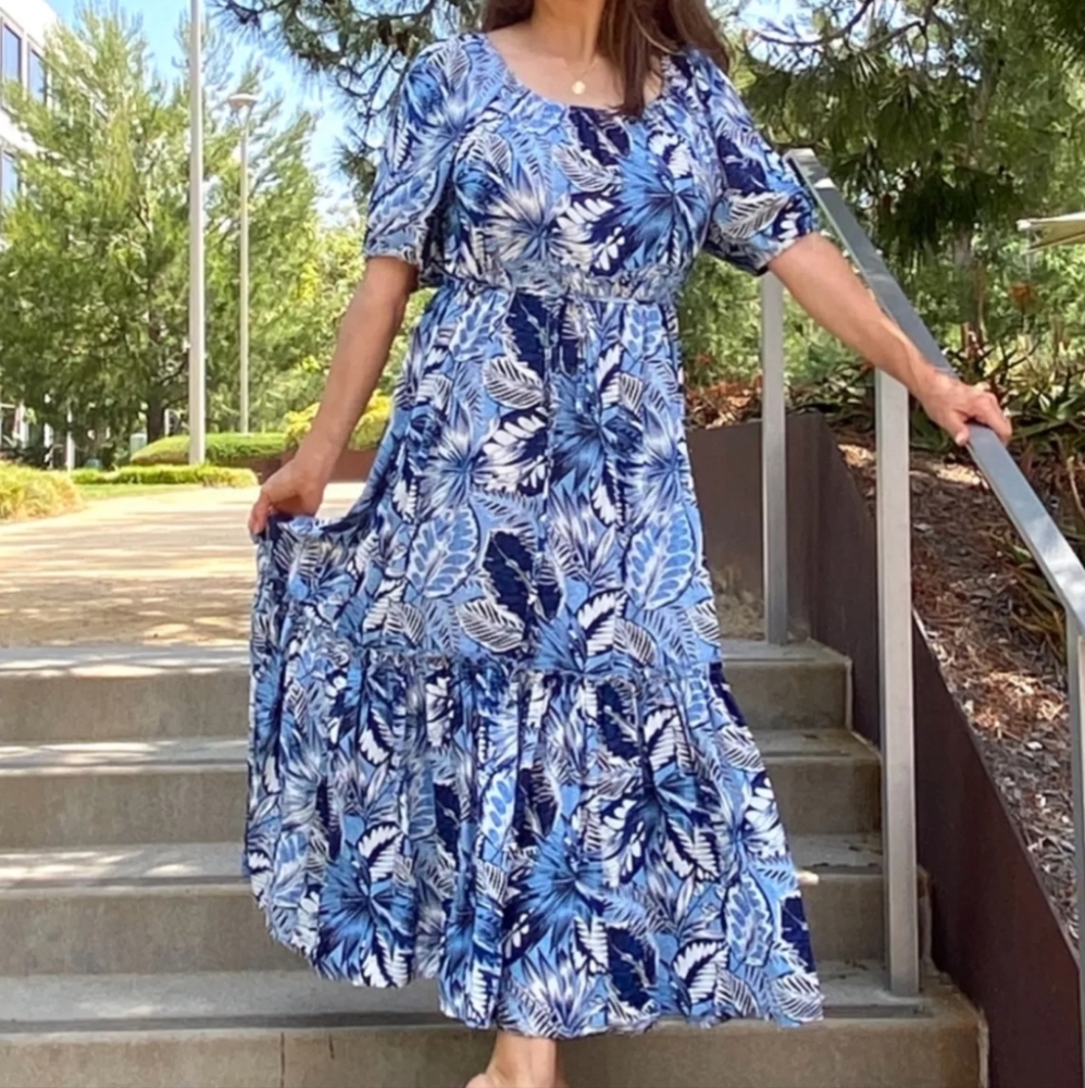 Karen Kane Navy and White Leaf Pattern Maxi Dress